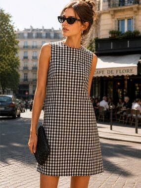 Theory Gingham Shift Dress Black White Sleeveless Classic Size 8